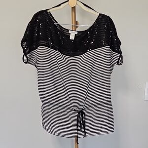 Cache Black and White Striped Sequin Blouse